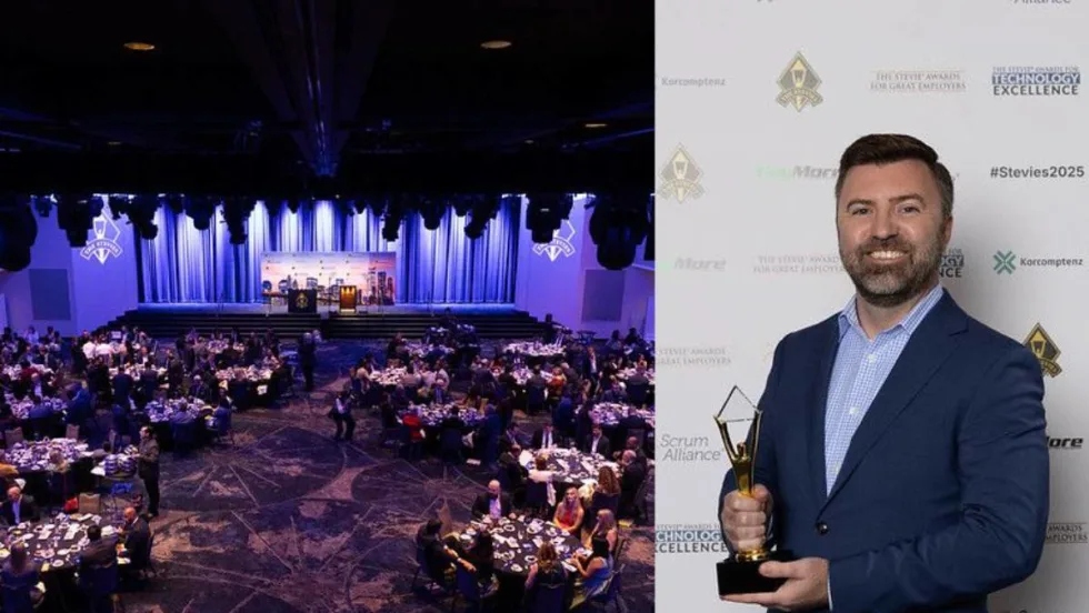 Overhead view of the awards gala and a photo of a Zubie exec with an award.