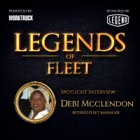 Square promotional graphic for Legends of Fleet featuring retired fleet manager Debi McClendon, with gold “Legends of Fleet” lettering, Work Truck and Legend logos, and a framed portrait on a dark textured background.