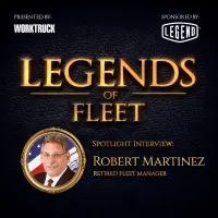 Square promotional graphic for Legends of Fleet featuring a spotlight interview with retired fleet manager Robert Martinez, with gold lettering, Work Truck and Legend logos, and a framed portrait on a dark textured background