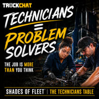 Square promotional graphic for TruckChat’s Shades of Fleet: The Technicians Table featuring two diverse technicians working together on an engine in a repair shop with bold text reading “Technicians = Problem Solvers” and “The Job Is More Than You Think.”