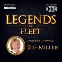 Square promotional graphic for Legends of Fleet featuring a spotlight interview with Sue Miller, with gold “Legends of Fleet” lettering, Work Truck and Legend logos, and a framed portrait on a dark textured background.