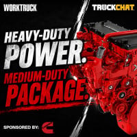 Podcast cover graphic with Work Truck and TruckChat logos, bold text reading “Heavy-Duty Power. Medium-Duty Package.” and a red Cummins X10 engine.