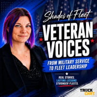 Square promotional graphic for Shades of Fleet featuring host Lauren Fletcher against an American flag background. Bold text reads "Veteran Voices" and "From Military Service to Fleet Leadership." The image promotes a conversation with fleet professionals about military experience, leadership, teamwork, and transitioning into civilian fleet careers.