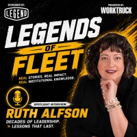 Square podcast cover for Legends of Fleet featuring a professional portrait of fleet industry leader Ruth Alfson on a black and gold background. The cover includes the title "Legends of Fleet," sponsor and Work Truck logos, a microphone icon, and text identifying the episode as a spotlight interview focused on leadership lessons and decades of fleet experience.
