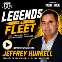 Square podcast cover for Legends of Fleet featuring a professional portrait of fleet industry leader Jeffrey Hurrell on a black and gold background. The cover includes the title "Legends of Fleet," sponsor and Work Truck logos, a play button icon, and text identifying the episode as a spotlight interview about leadership, institutional knowledge, and lasting lessons from a career in fleet management.