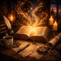 Square fantasy illustration of an open glowing spellbook on a wooden desk surrounded by candles, maps, gemstones, a feather quill, and magical golden light swirling upward in a cozy candlelit study.