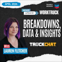 Square promotional graphic for Work Truck TruckChat’s April 2026 News Update featuring Lauren Fletcher alongside bold text reading “Breakdowns, Data & Insights,” with Chevron sponsorship branding and a dark textured background.