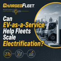 A black, white, and yellow Charged Fleet podcast logo with text over top