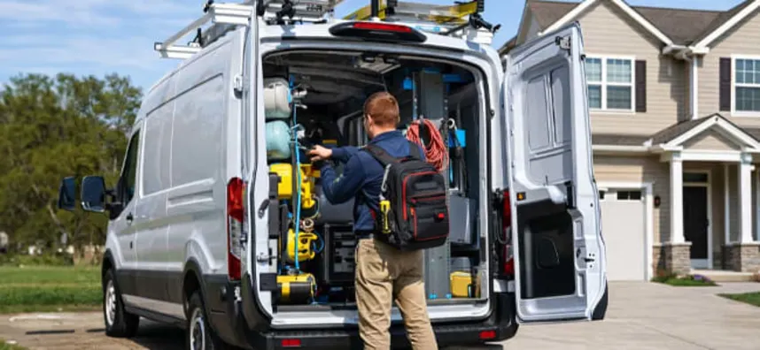 worker accessing the back of his work van