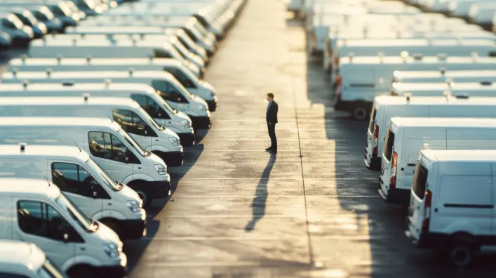 man standing in a lot of work vans