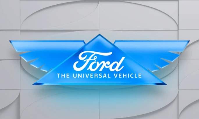 Ford logo with “The Universal Vehicle” text in blue, representing the company’s new EV platform strategy.