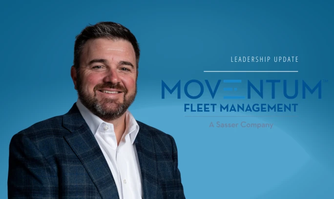 Portrait of a Momentum Fleet Management executive beside a leadership update graphic and company logo on a blue background.