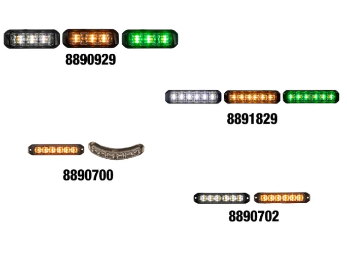 Images of clear, amber, and green LED flashers on a white background.