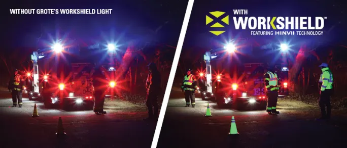 A split-screen image shows a dark shadowy roadside work scene and one where reflective materials worn by workers is better illuminated.