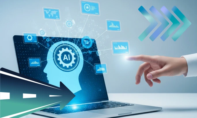 A laptop displays AI-powered analytics while a hand selects digital data icons, representing how fleets use connected platforms and AI to improve visibility and decision-making.