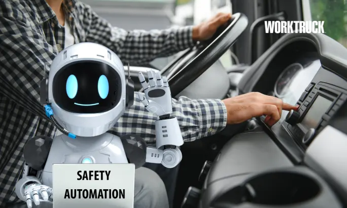 Robot character next to a driver adjusting controls in a commercial truck, representing how AI and automation now support fleet safety and compliance.