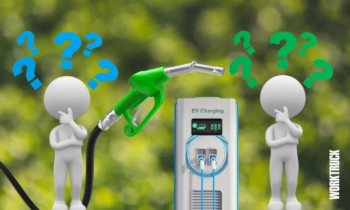 A gas nozzle and EV charger with confused figures and question marks, symbolizing fleets comparing fuel types and planning EV, hybrid, propane, and diesel decisions.