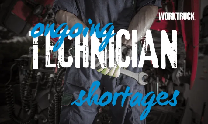 A technician holding a wrench with bold text about technician shortages, highlighting fleets’ struggle to find skilled techs and keep maintenance operations fully staffed.