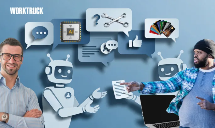 Work Truck illustration showing AI connecting fleet tools: chat bubbles, AI chip, wrenches, dashboards, and robots alongside two people, representing a shift from fragmented apps to integrated platfor