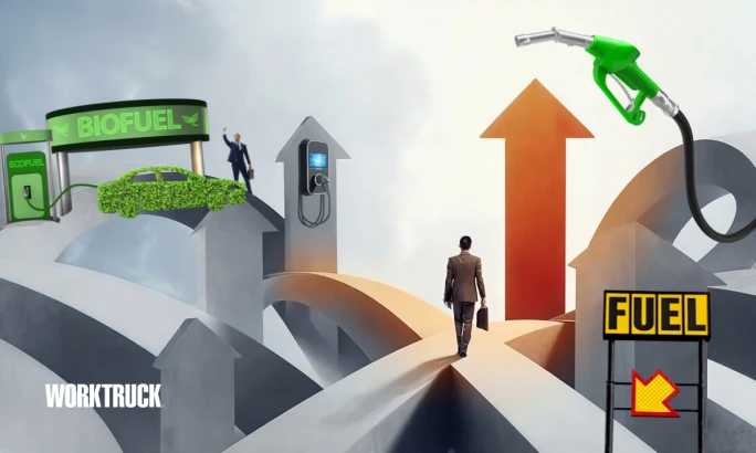 Work Truck illustration showing diverging fuel paths with EV charging, biofuel, and traditional fuel options, plus an upward arrow, representing fleets building flexible, resilient powertrain strategi
