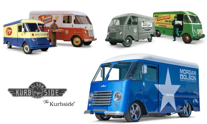 Step van delivery trucks from throughout the years, mostly older.