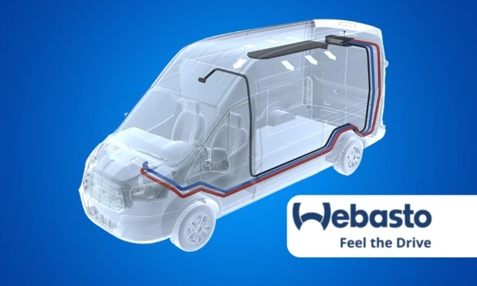 Cutaway view of a cargo van's heating system against a blue background with logo for Webasto.
