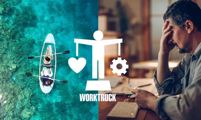 Split-screen image showing two people kayaking in clear blue water on the left and a stressed man at a desk on the right, with a central icon balancing a heart and gear, symbolizing work-life balance.