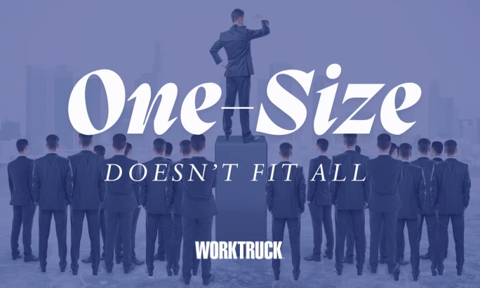 Businessman standing on a pedestal facing a crowd of identical suited figures, symbolizing individual leadership approaches, with large text 'One-Size Doesn’t Fit All' and 'Work Truck' branding.