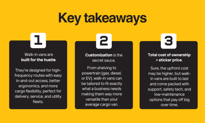 Infographic showing top 3 benefits of walk-in vans for vocational fleets.