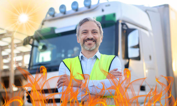 Fleet driver in safety vest stands confidently in front of truck with summer heat and flames rising.