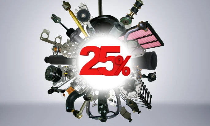 A 25% symbol at the center of a circular array of vehicle parts, representing new import tariffs impacting fleet costs and supply chains.
