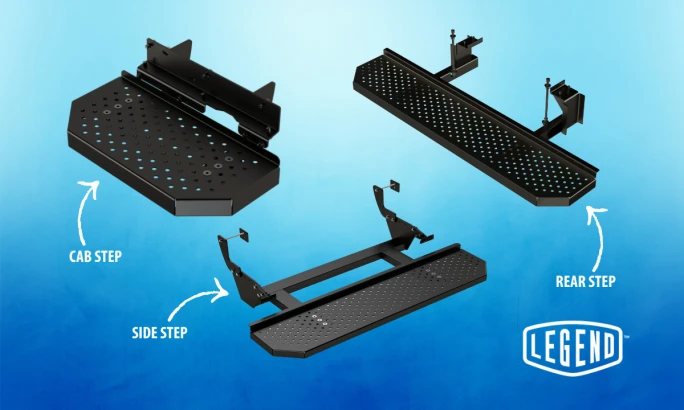 Diagram of Legend FixSteps showing Cab Step, Side Step, and Rear Step with black steel anti-slip tread on blue background.