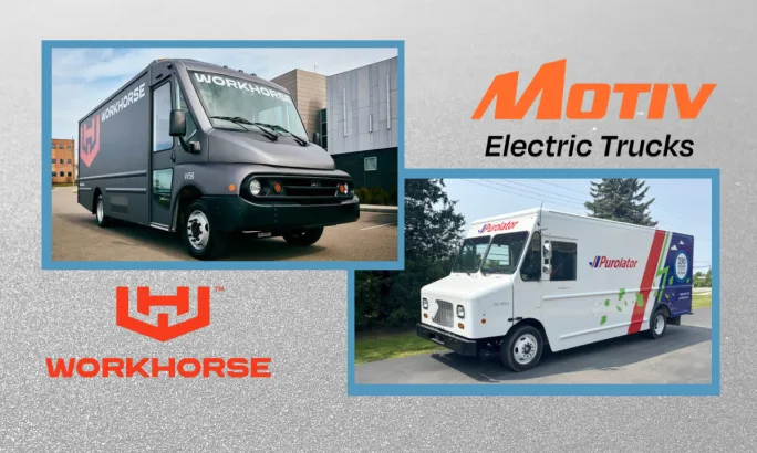 Photos of two medium-duty delivery trucks set against a gray textured background and logos for Motiv Electric Trucks and Workhorse.