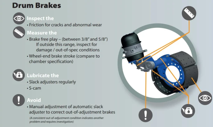 Graphic illustration of drum brakes and several maintenance tips.