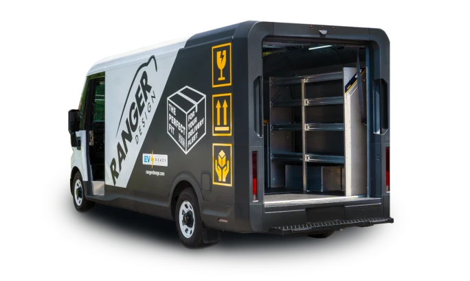 Rear-quarter view of a Chevrolet BrightDrop electric cargo van.