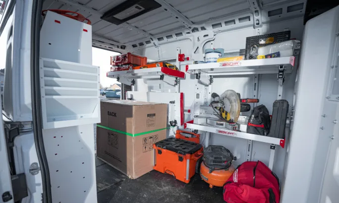 Interior view of van shelving.