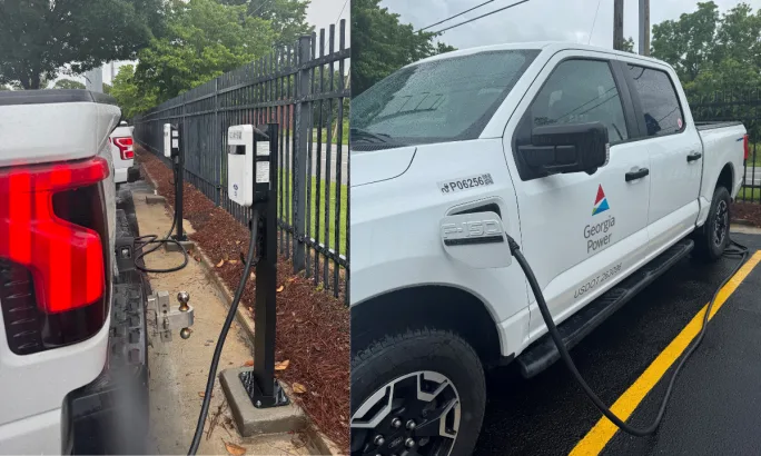 Georgia Power EV trucks plugged into Ford Pro chargers during pilot program testing fleet charging behavior and grid demand response.