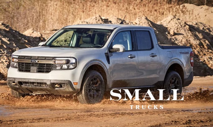 Ford Maverick small truck driving off-road, featuring its 54.4-inch bed that offers fleets compact efficiency for light hauling and city-based fleet tasks.