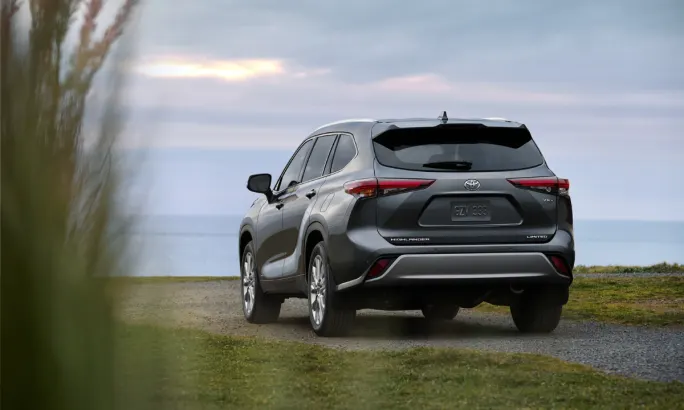 Gray Toyota SUV parked on grassy terrain near ocean at sunset.