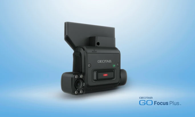 Product image of the Geotab GO Focus Plus AI dual-facing dash cam against a blue background.