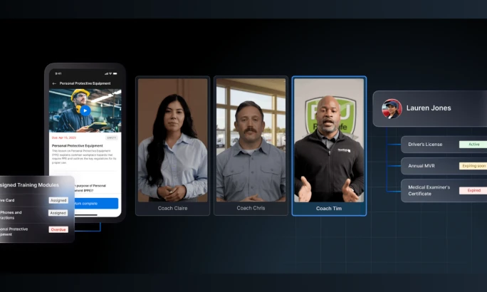 Mobile and desktop screens displaying Motive’s AI Coach with virtual trainers and assigned safety training modules, alongside driver compliance status updates.