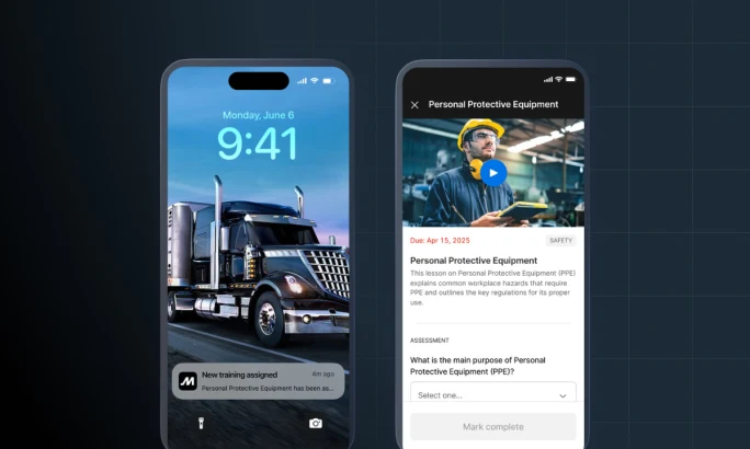 Two smartphones displaying Motive Driver App screens: one showing a training assignment notification, and the other displaying a safety training video and assessment on personal protective equipment.