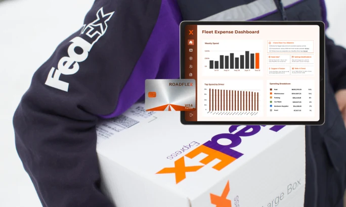 FedEx driver holding package with RoadFlex fleet expense dashboard displayed on tablet, highlighting fuel, maintenance, and driver costs.