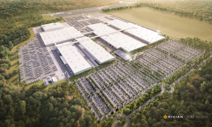 Rendering of Rivian’s Georgia manufacturing plant showing large production buildings, employee parking lots, and surrounding green space.