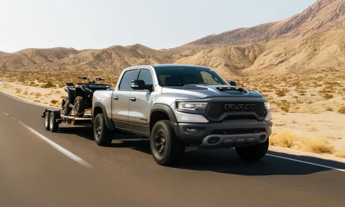 Silver RAM pickup towing a trailer with two ATVs across a desert highway.