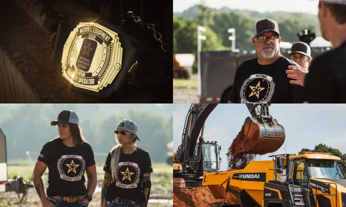 Collage showing the NEL championship belt, competitors in branded shirts, and Hyundai construction equipment moving dirt.