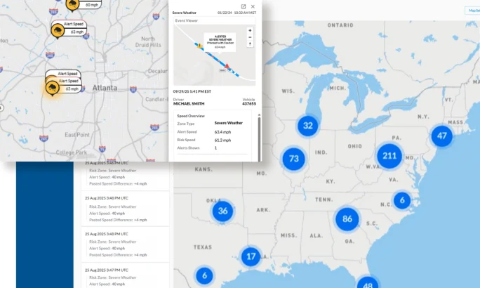 Close-up of Drivewyze Safety+ dashboard with severe weather alerts near Atlanta and U.S. event clusters, providing fleets with safety risk and driver performance insights.