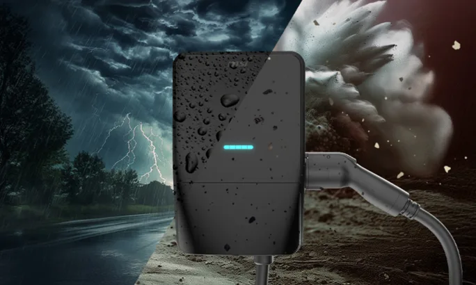 Close-up of an MSI electric vehicle charger with water droplets and debris, illustrating its weather-resistant and rugged design.