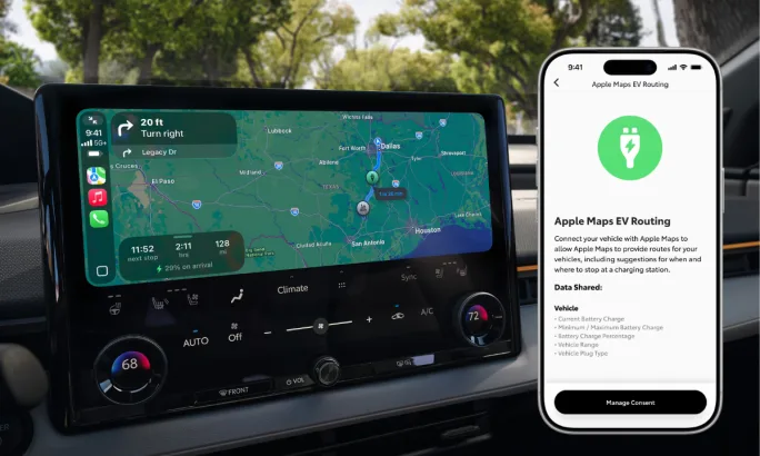 Dashboard display showing Apple Maps EV Routing on a Toyota infotainment screen and iPhone interface with charging route details.