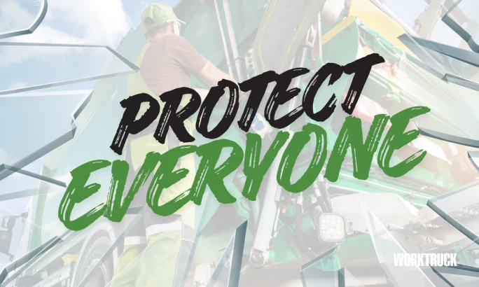 Refuse worker near a garbage truck with “Protect Everyone” text overlay, emphasizing modern safety technology designed to prevent collisions and keep operators and community members safe.